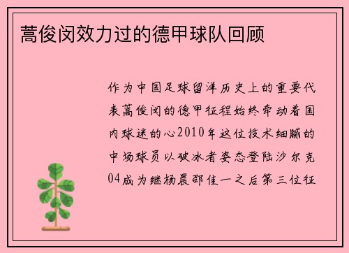 蒿俊闵效力过的德甲球队回顾